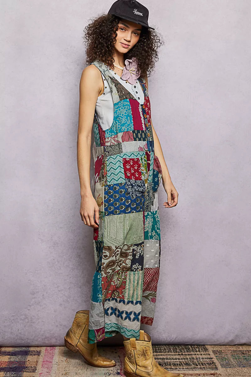Sleeveless Patchwork Wide Leg Jumpsuit in Sage Multi for Women