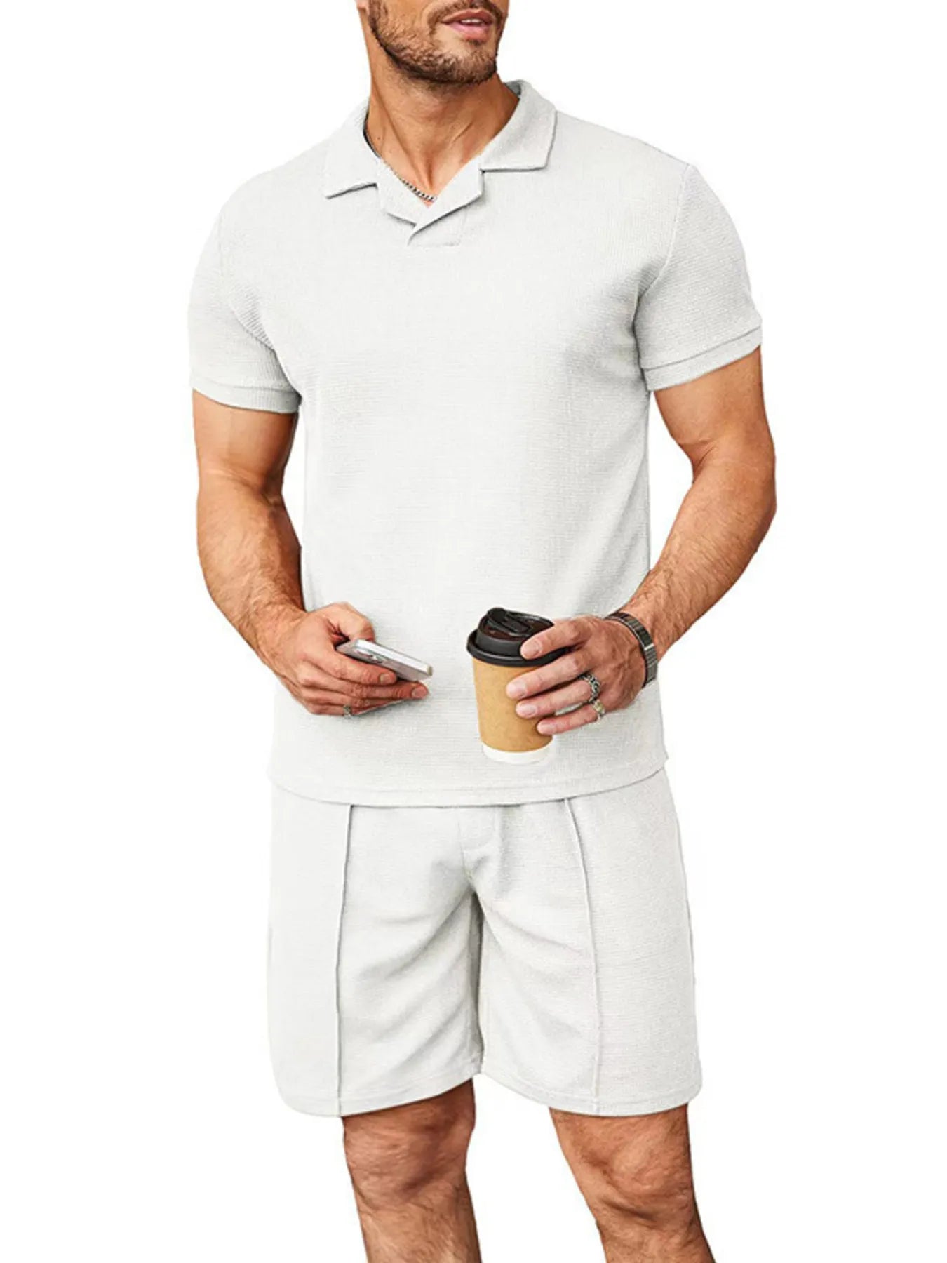 Plus Size Short Sleeve Top and Shorts Set in White for Men