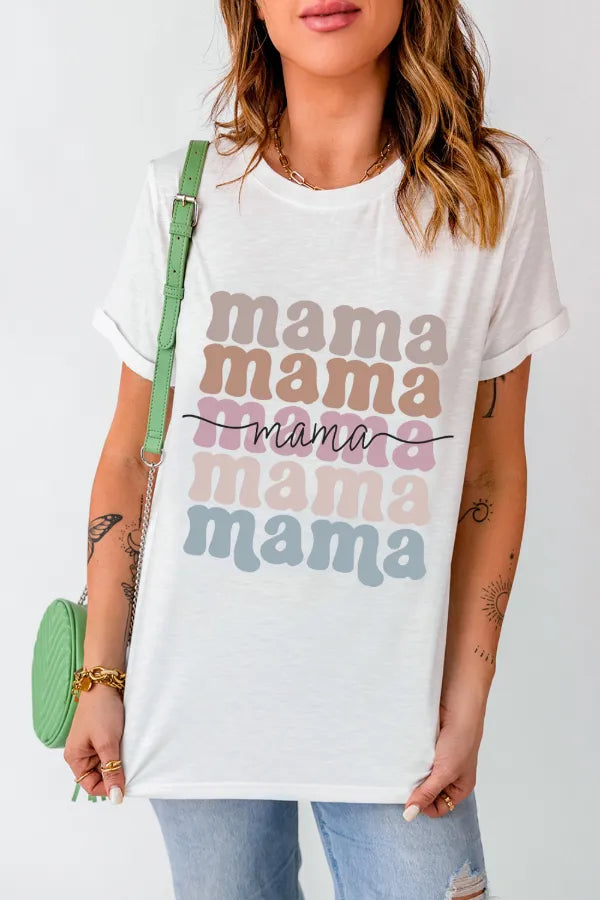 Mama Letter Crew Neck Tee in White for Women