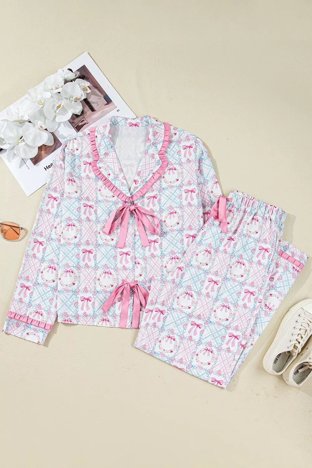 Wreath Pattern Christmas Tied Front Long Sleeve 2pcs Pajama Set in Pink for Women