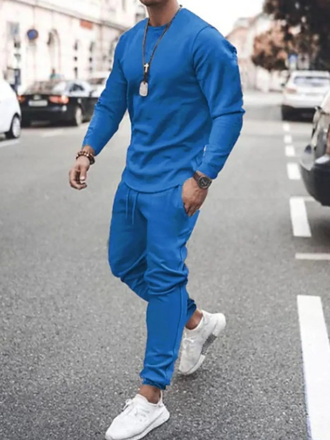 Round Neck Long Sleeve Top and Pants Set Plus Size in White for Men