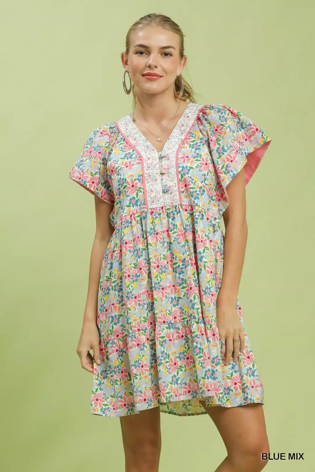Mix Floral Tiered Mini Dress with Side Pockets in Blue Mix for Women