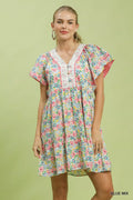 Mix Floral Tiered Mini Dress with Side Pockets in Blue Mix for Women