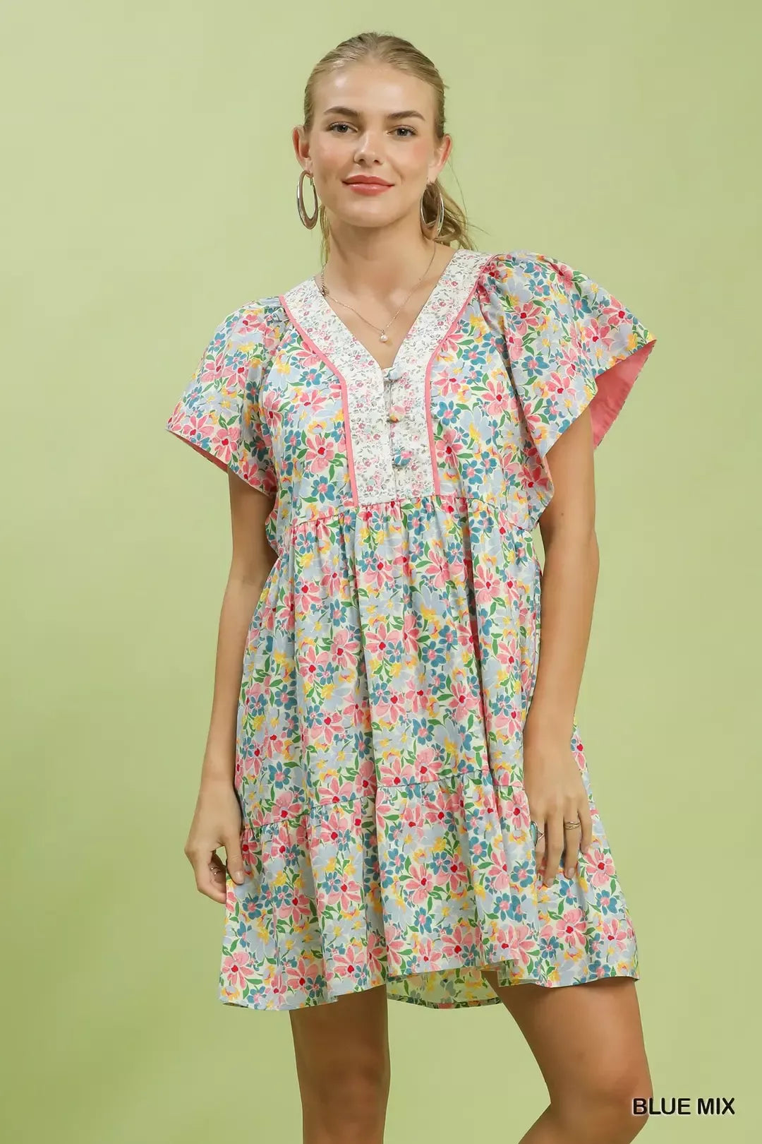 Mix Floral Tiered Mini Dress with Side Pockets in Blue Mix for Women