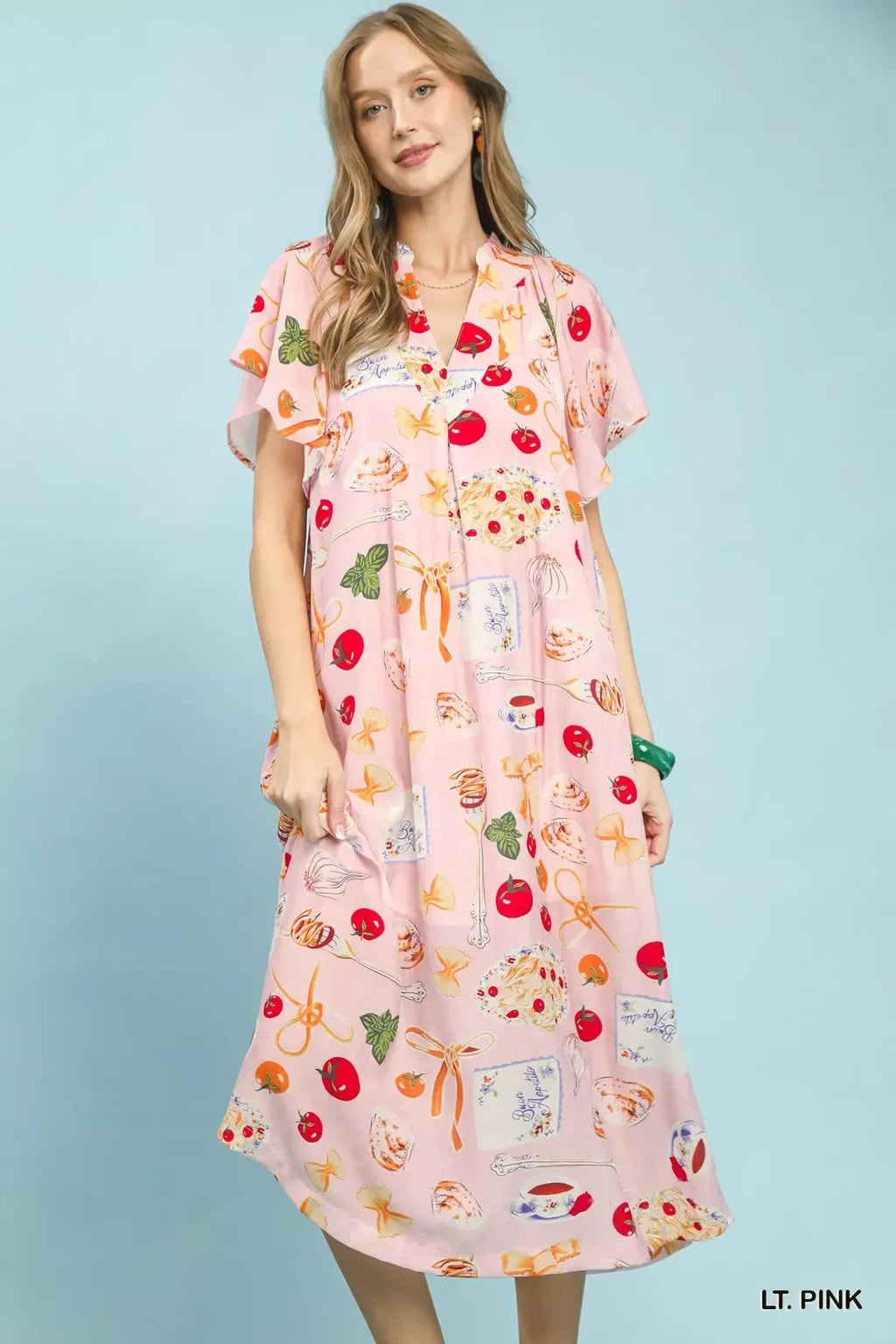 Abstract Print Flutter Sleeve Midi Dress in Light Pink for Women