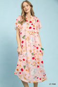 Abstract Print Flutter Sleeve Midi Dress in Light Pink for Women