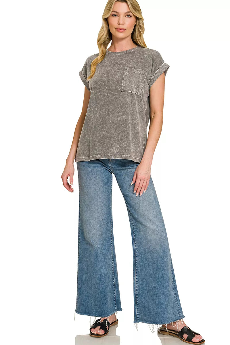 Halo Snow Washed Cuffed Short Sleeve Tee in Black for Women