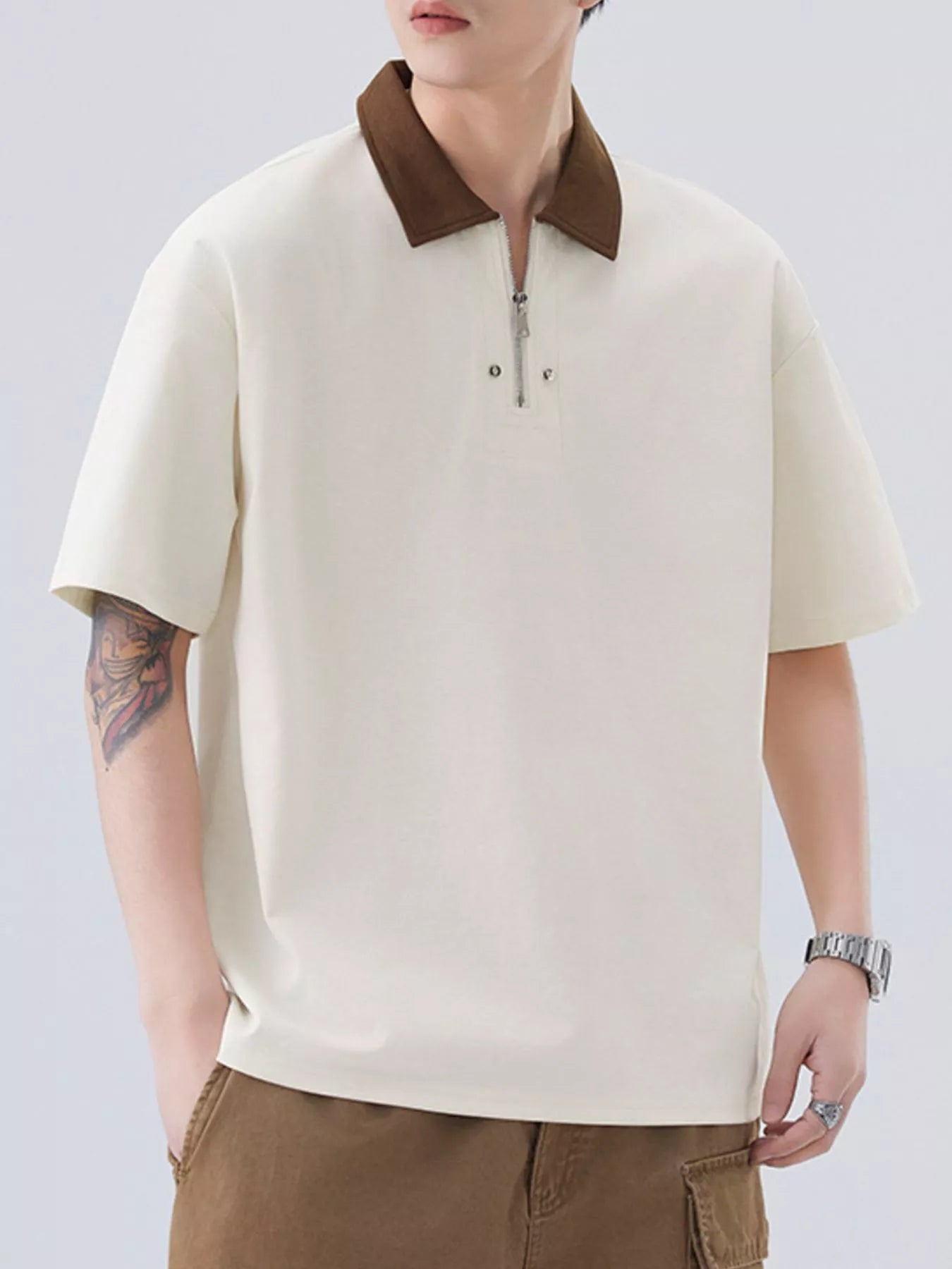 Plus Size Quarter Zip Short Sleeve Polo in Apricot for Men