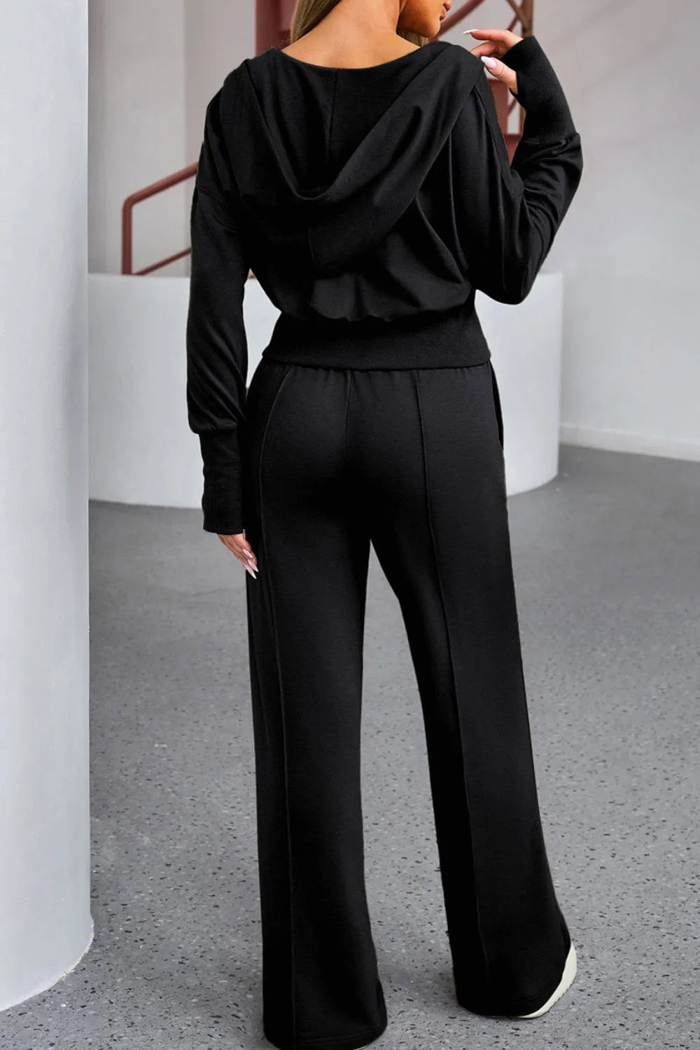 Zip-Up Hoodie and Pants Active Set in Black for Women