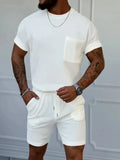 Round Neck Short Sleeve Top and Shorts Set Plus Size in Classic in White for Men