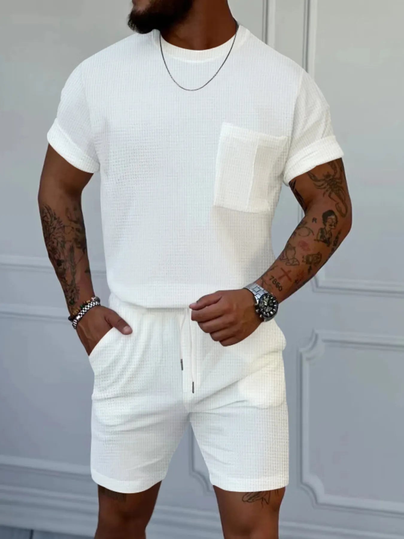 Round Neck Short Sleeve Top and Shorts Set Plus Size in Classic in White for Men