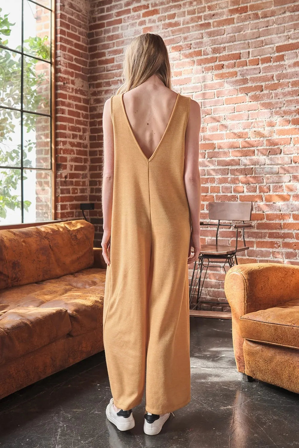 V-Neck Sleeveless Wide Leg Jumpsuit in Mustard for Women