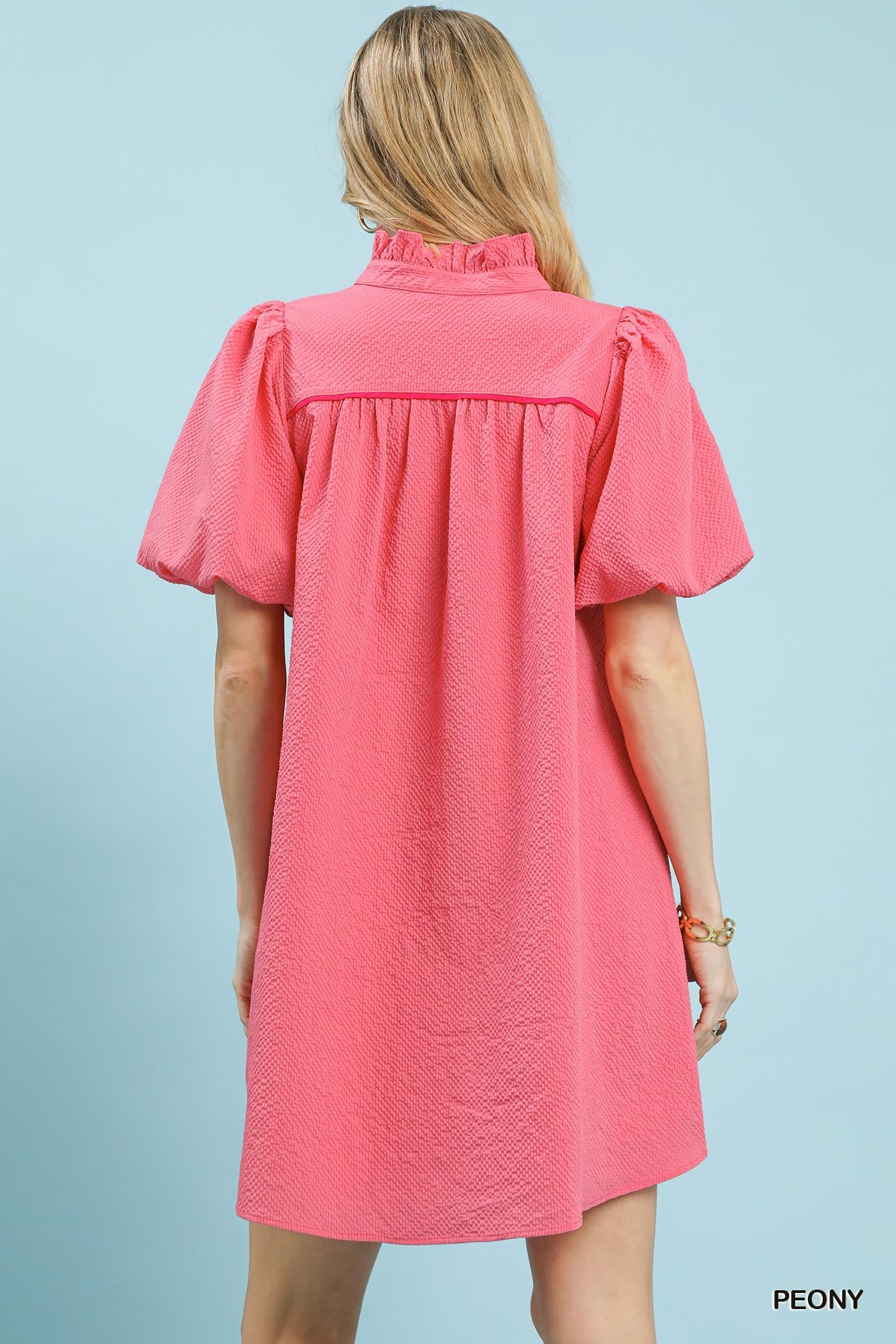 Seersucker Puff Sleeve Dress in Peony for Women
