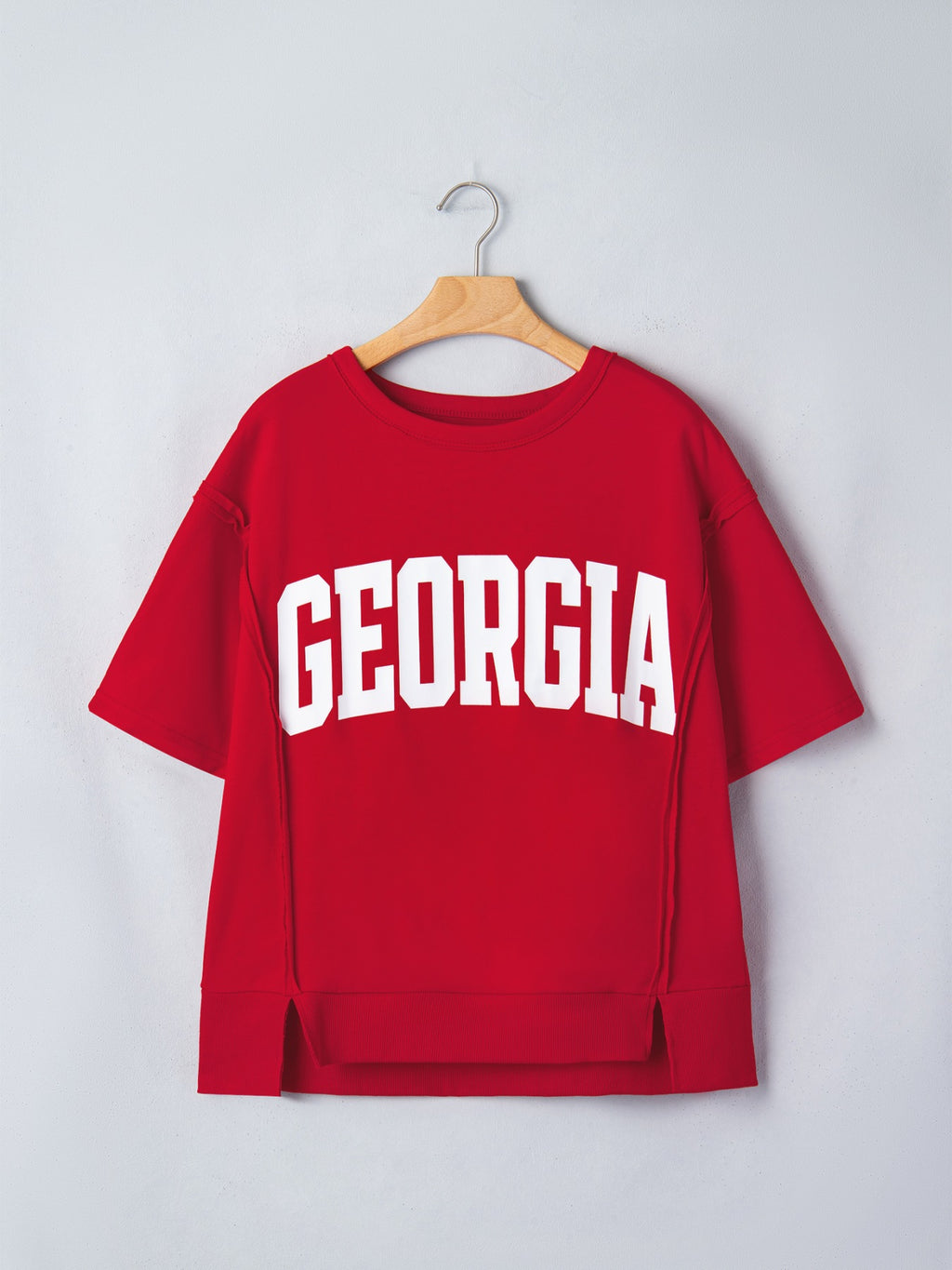 Georgie Letter Raw Seam Drop Shoulder Loose Tee in Deep Red for Women