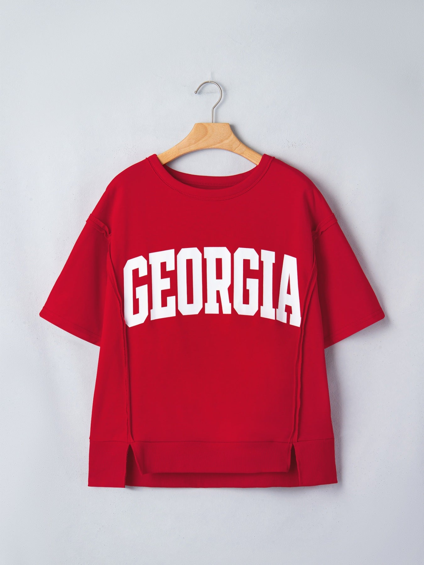 Georgie Letter Raw Seam Drop Shoulder Loose Tee in Deep Red for Women