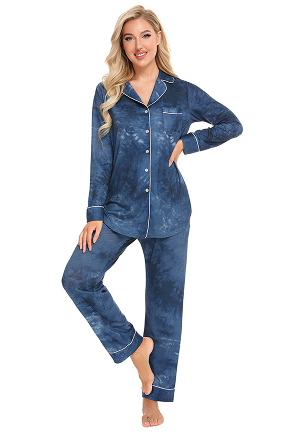 Collared Neck Long Sleeve Loungewear Set with Pockets in Wine for Women