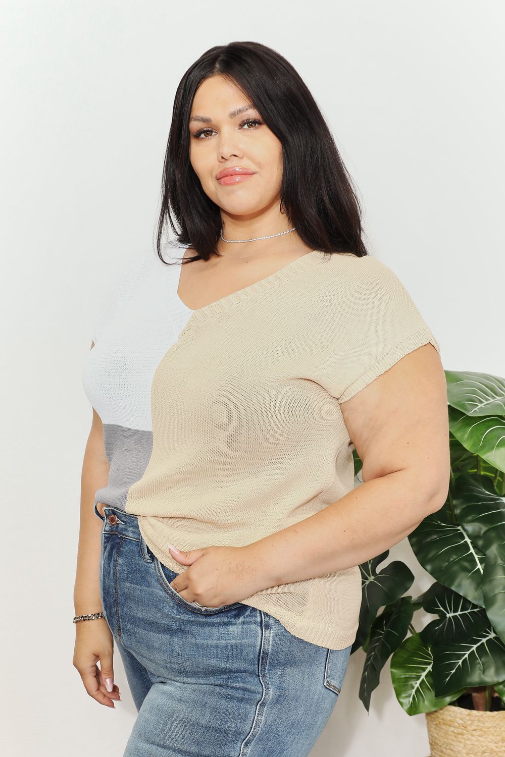 Color Block V-Neck Knit Top in Turquoise for Women