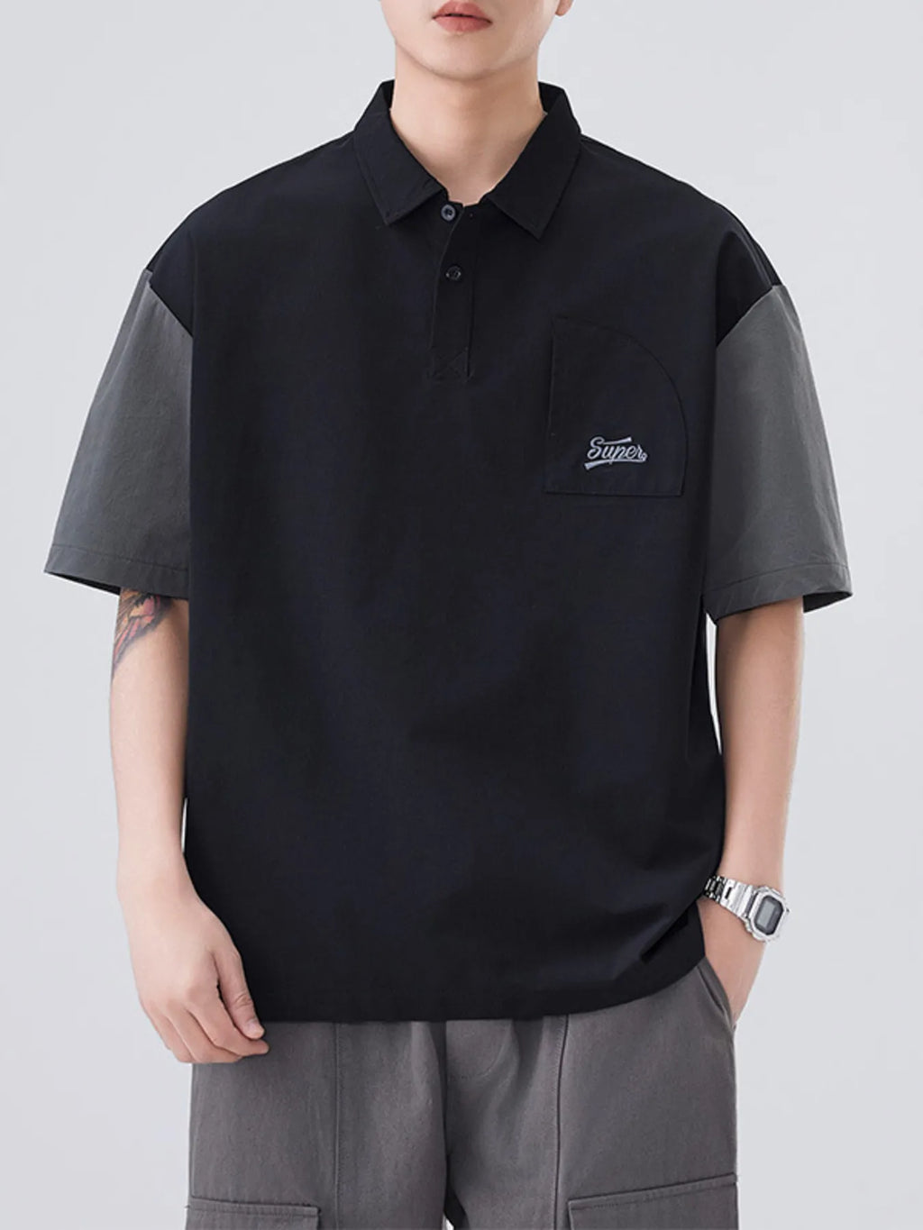 Plus Size Button Detail Short Sleeve Casual Polo in Green for Men