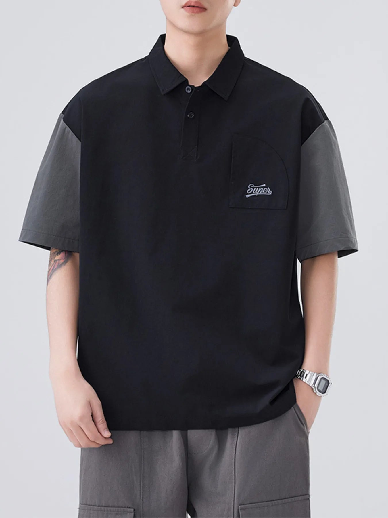 Plus Size Button Detail Short Sleeve Casual Polo in Green for Men