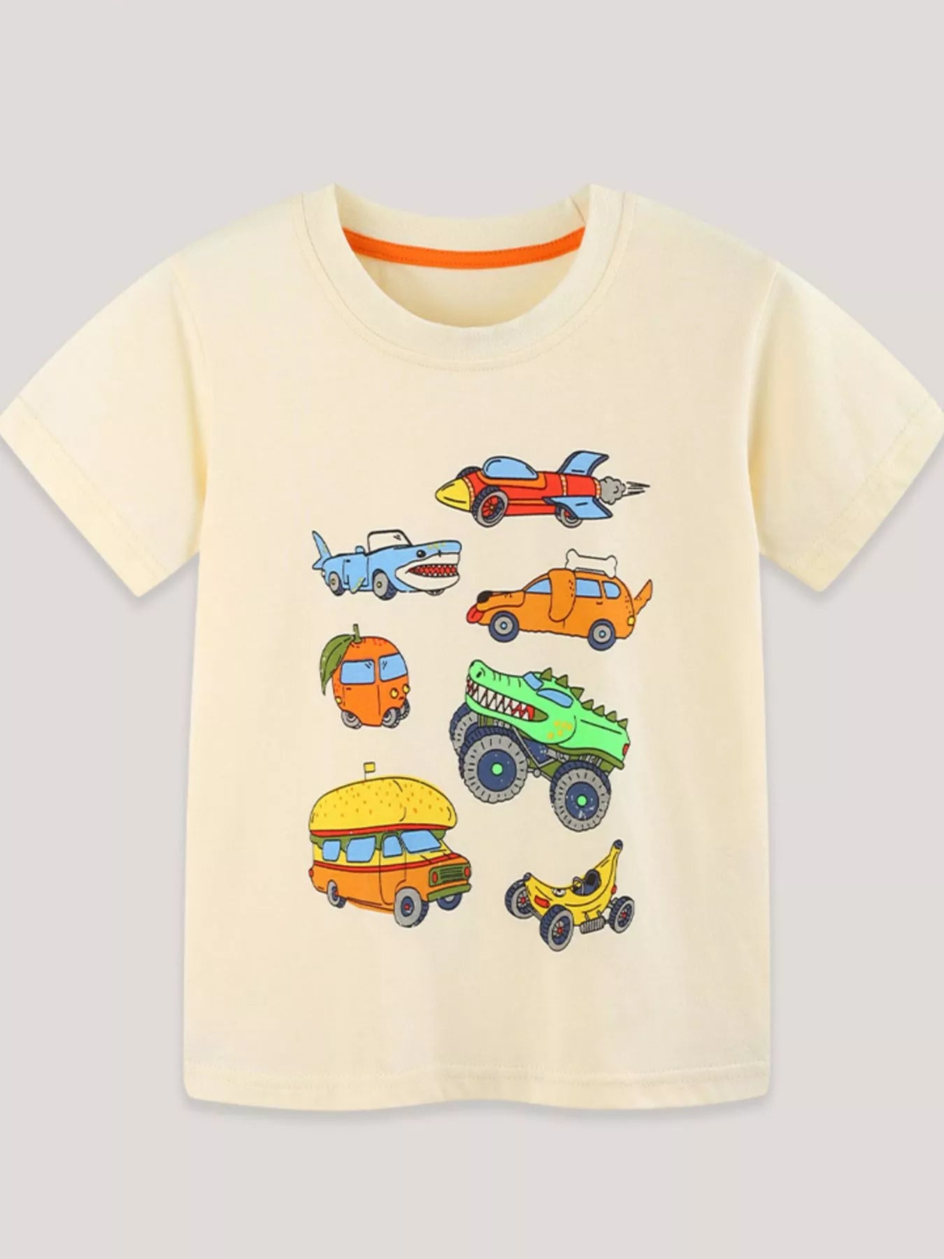 Vehicle Print Crew Neck Short Sleeve T-Shirt in Cream for Boys