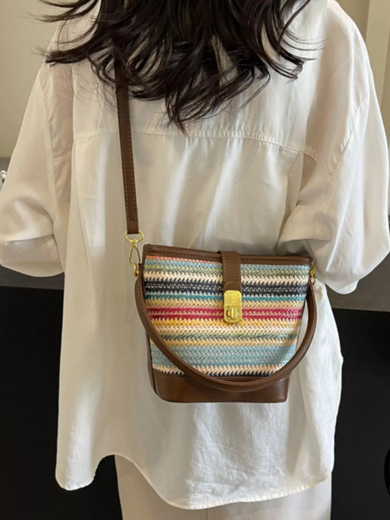Striped Bucket Crossbody Bag for Women