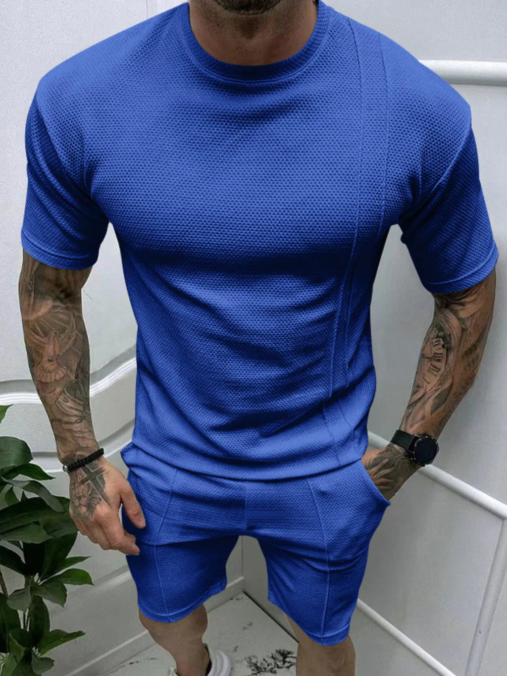 Round Neck Tee and Shorts Set Plus Size in White for Men