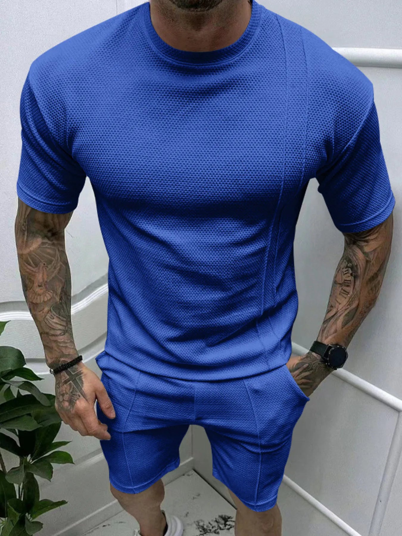 Round Neck Tee and Shorts Set Plus Size in White for Men
