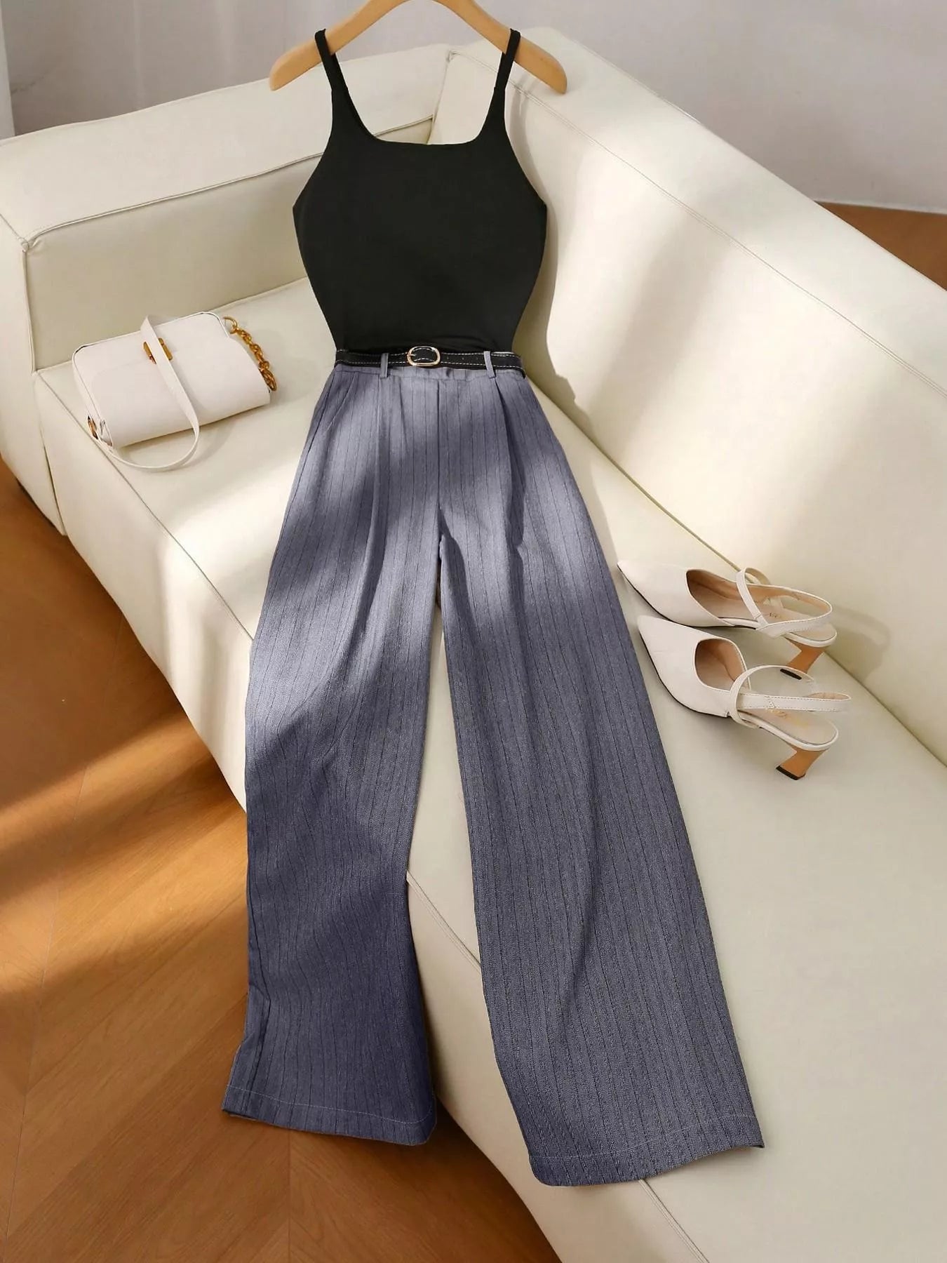 Sleeveless Top and Wide Leg Pants Set in Dark Gray for Women
