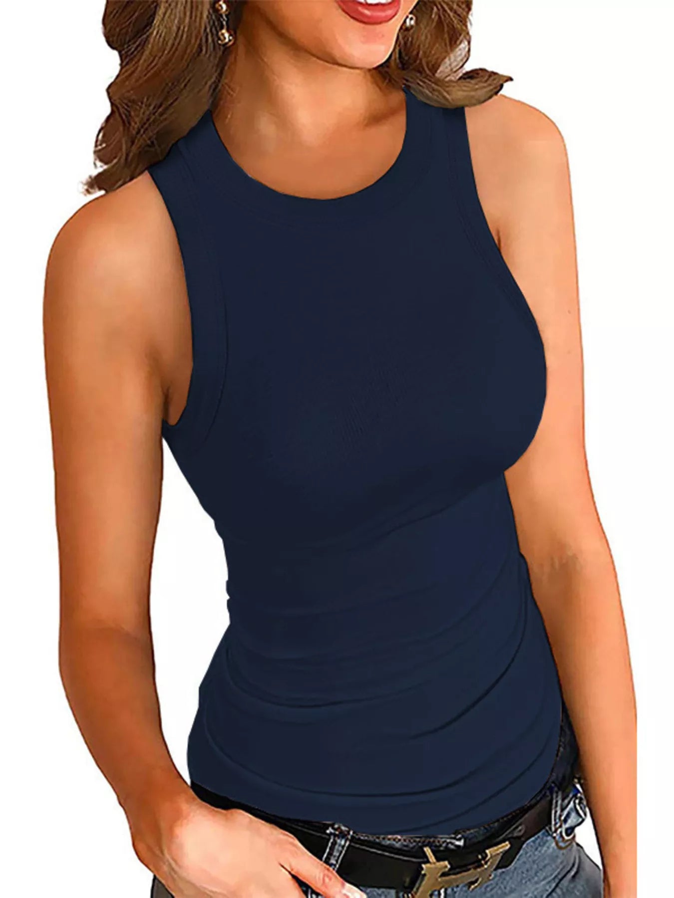 Ribbed Round Neck Tank Plus Size in Black for Women