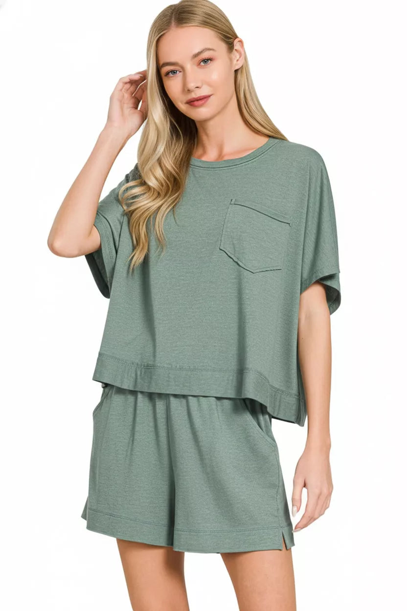 Exposed Seam Boxy Top & Shorts Set in H Jade Green for Women