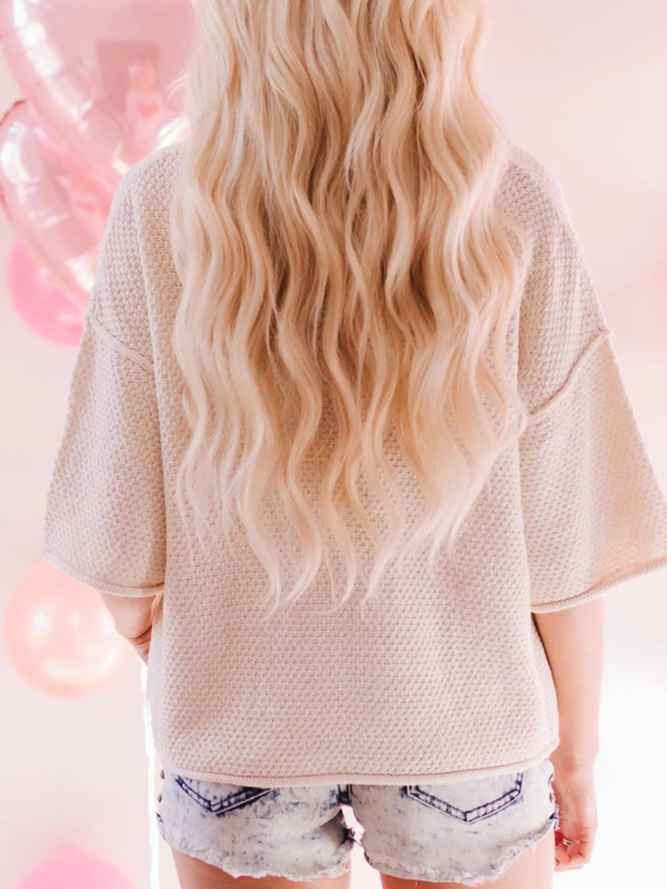 V-Neck Dropped Sleeve Heart Print Valentines Sweater in Beige for Women