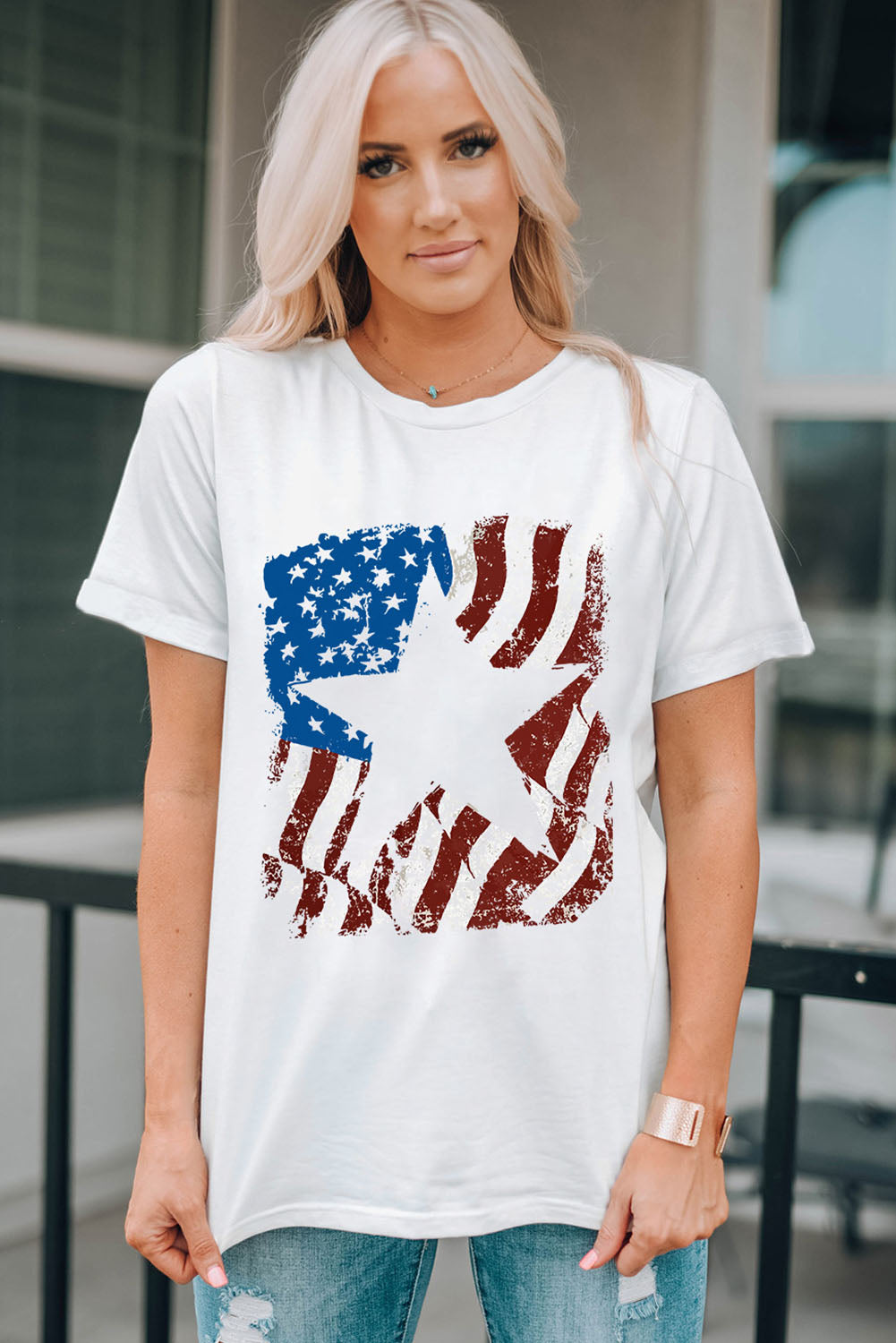 Us Flag Graphic Round Neck Tee in White for Women
