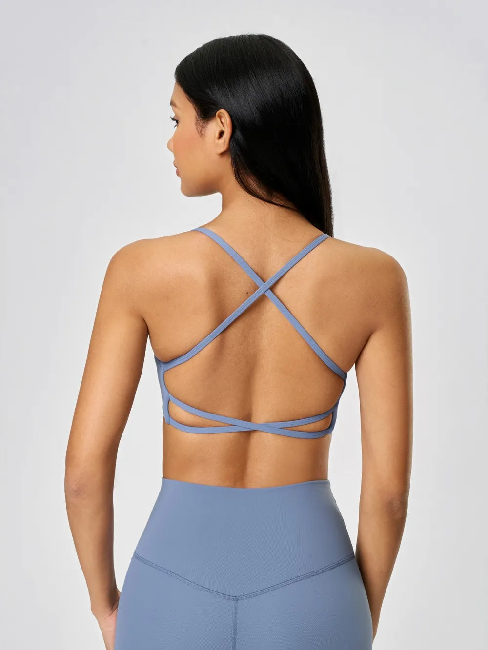 Crisscross Back Scoop Neck Active Cami with Detachable Chest Pads in Dusty Blue for Women