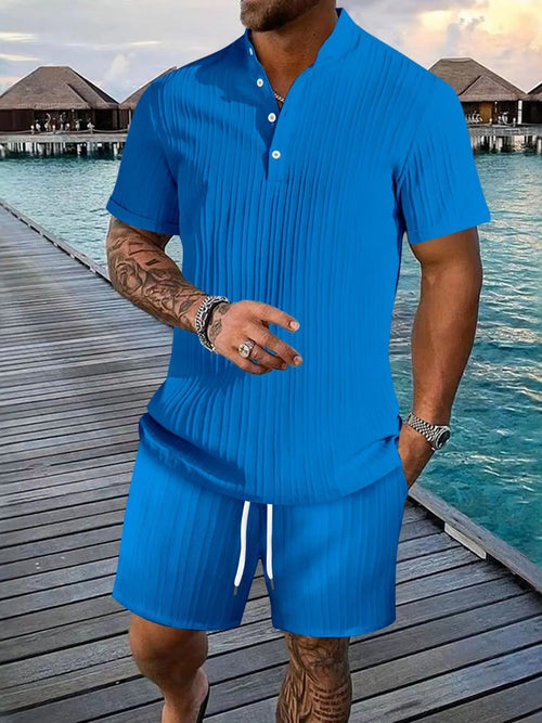 Button Detail Short Sleeve Top and Shorts Set Plus Size in White for Men