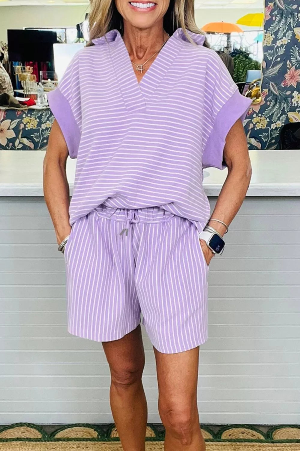 Stripe Dolman Sleeve Polo Shirt and Drawstring Shorts Set in Lilac for Women