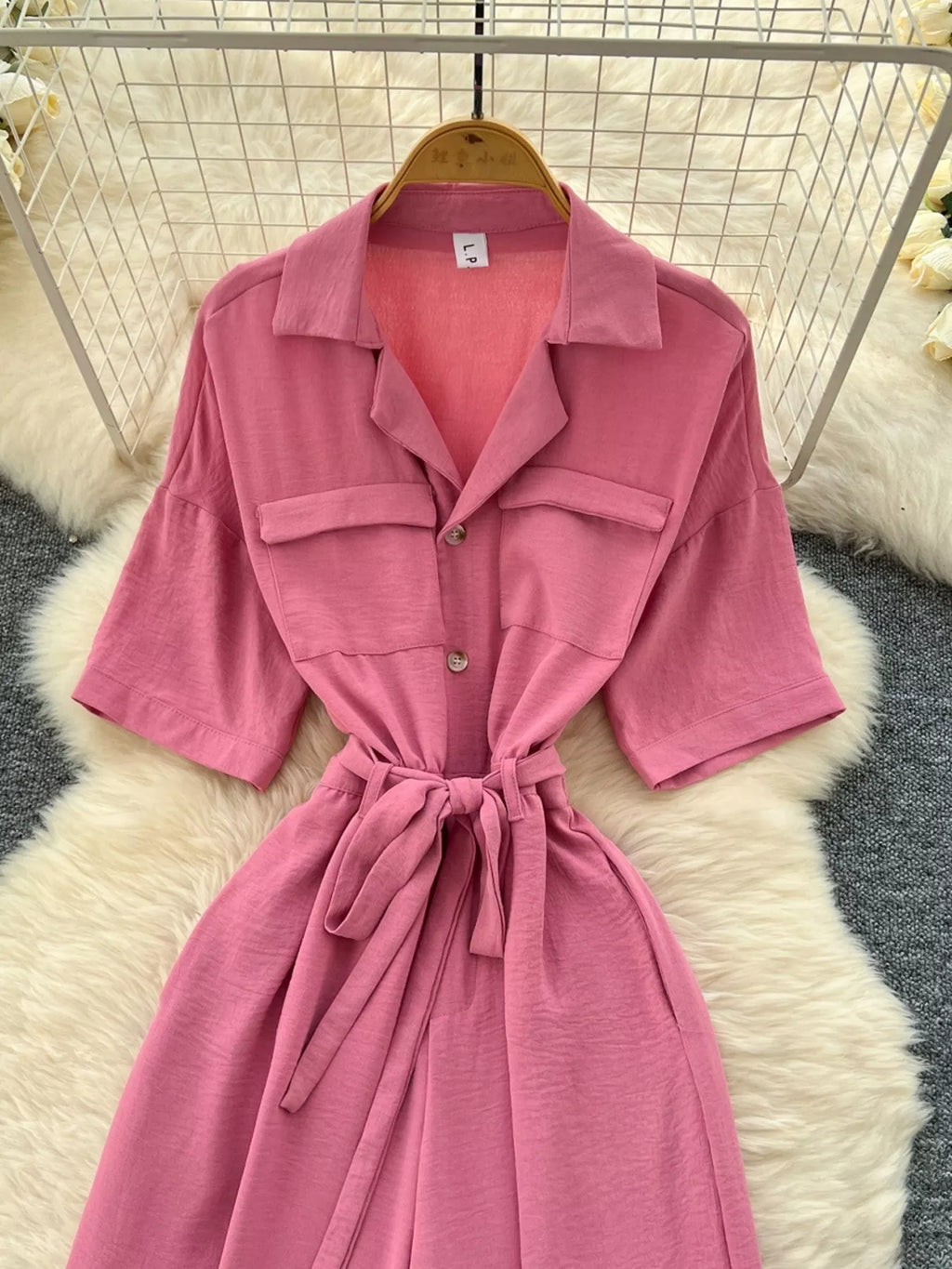 Pink Tie Waist Wide Leg Jumpsuit for Women