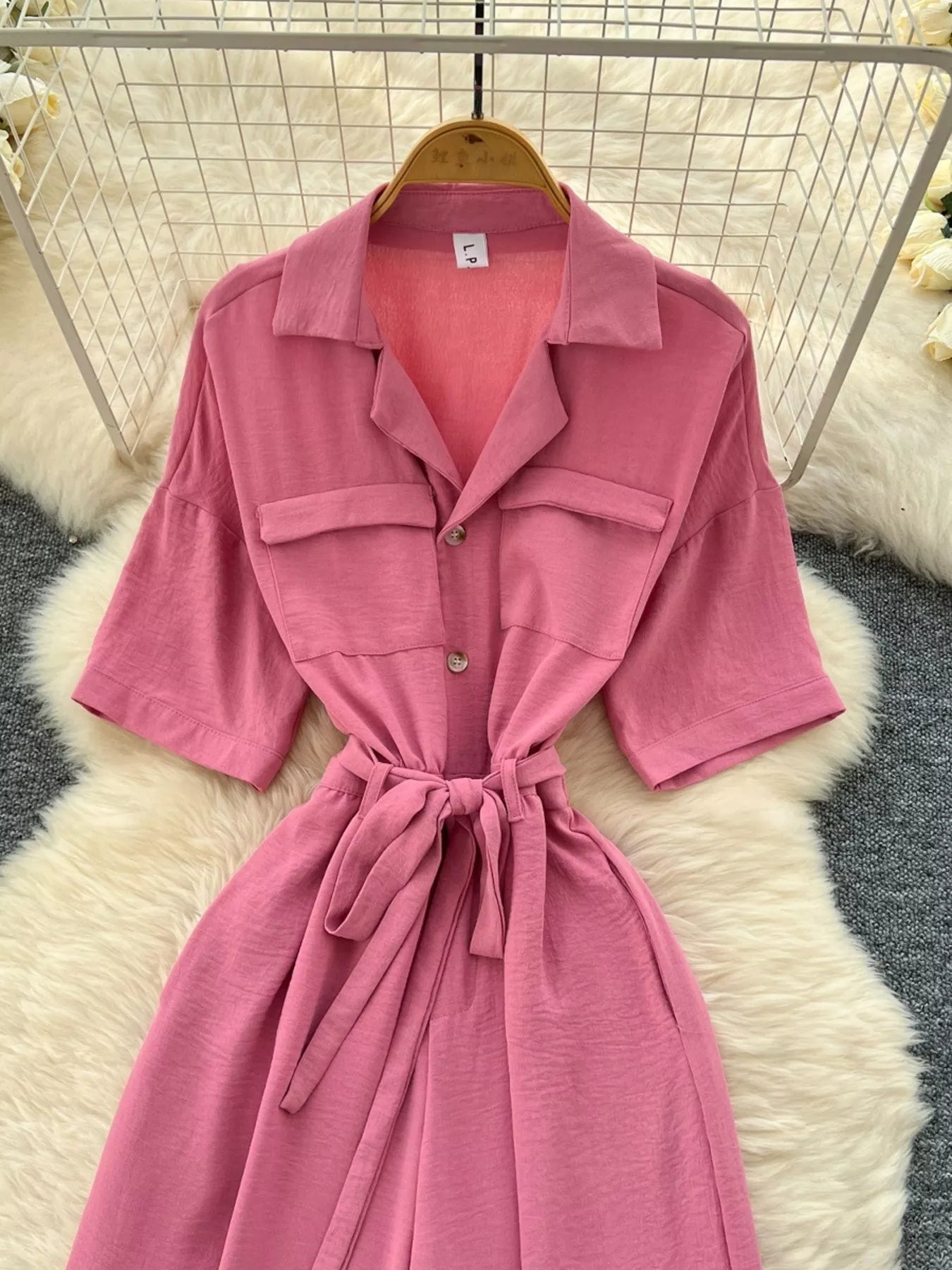 Pink Tie Waist Wide Leg Jumpsuit for Women