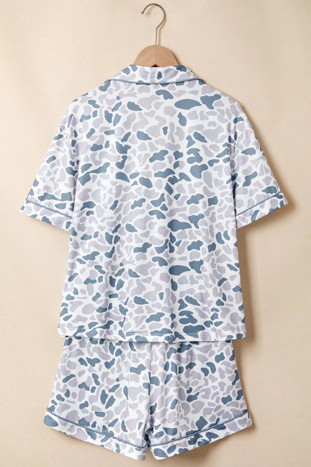 Camouflage Print Lapel Shirt Drawstring Two-Piece Shorts Pajama Set in Dusty Blue for Women