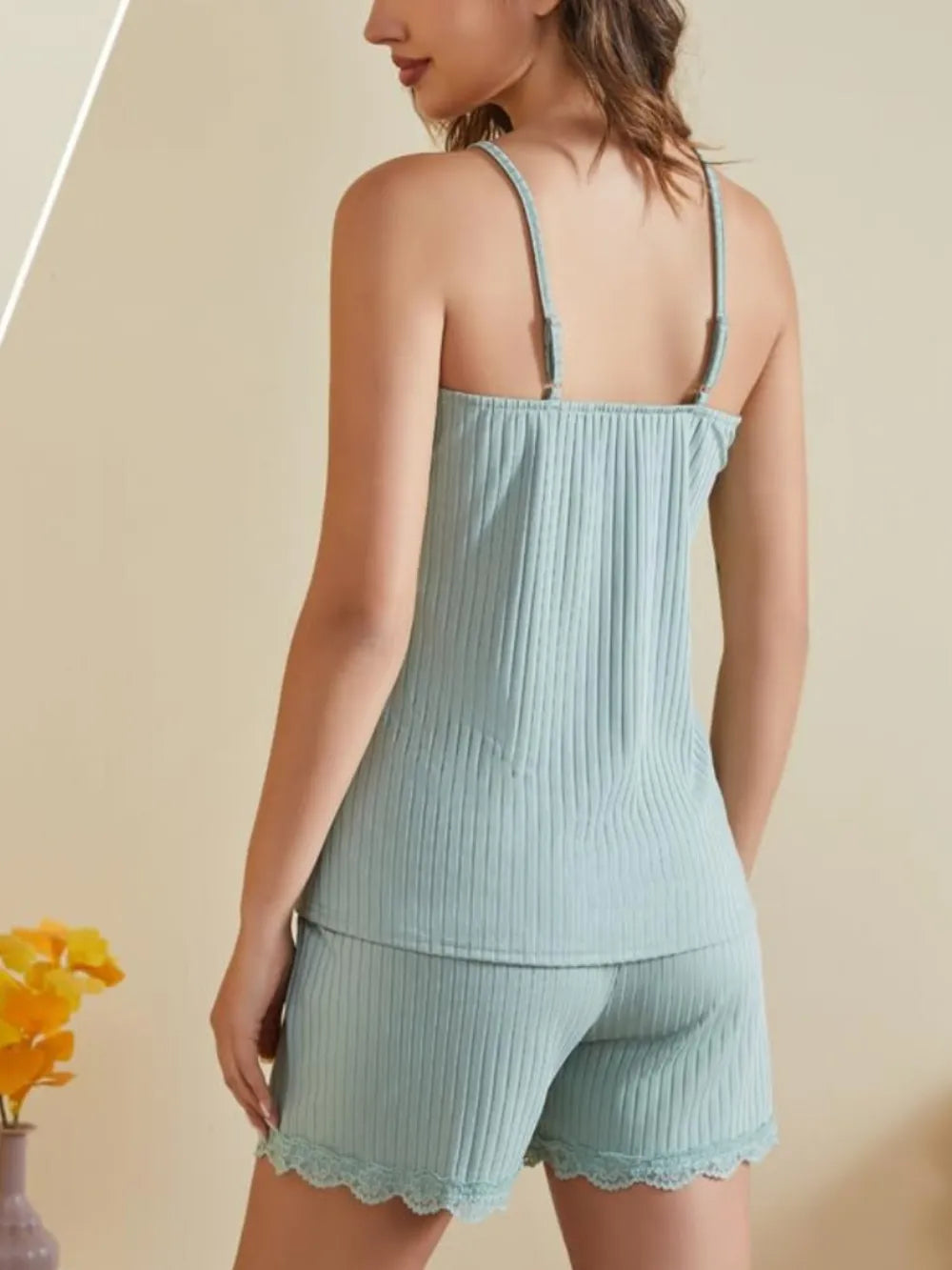 Ribbed Scoop Neck Top and Shorts Lounge Set in Light Blue for Women