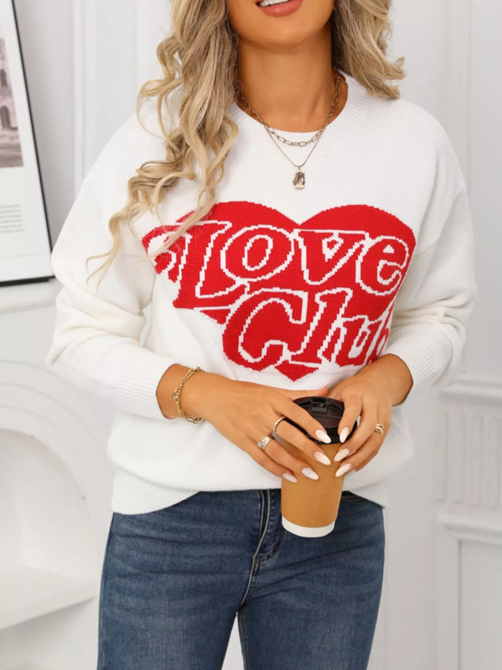 Valentines Day Love Club Heart Graphic Sweater in White for Women