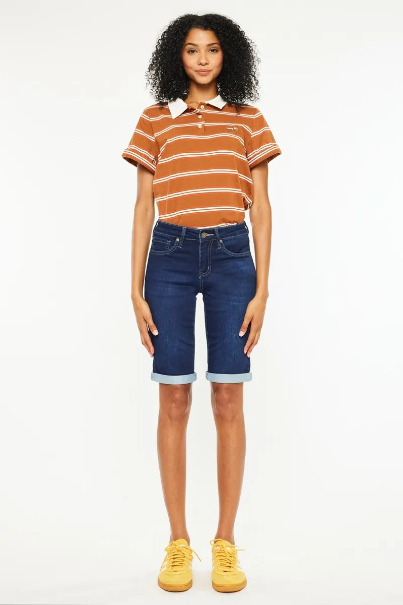 Mid Rise Bermuda Denim Shorts in Dark for Women