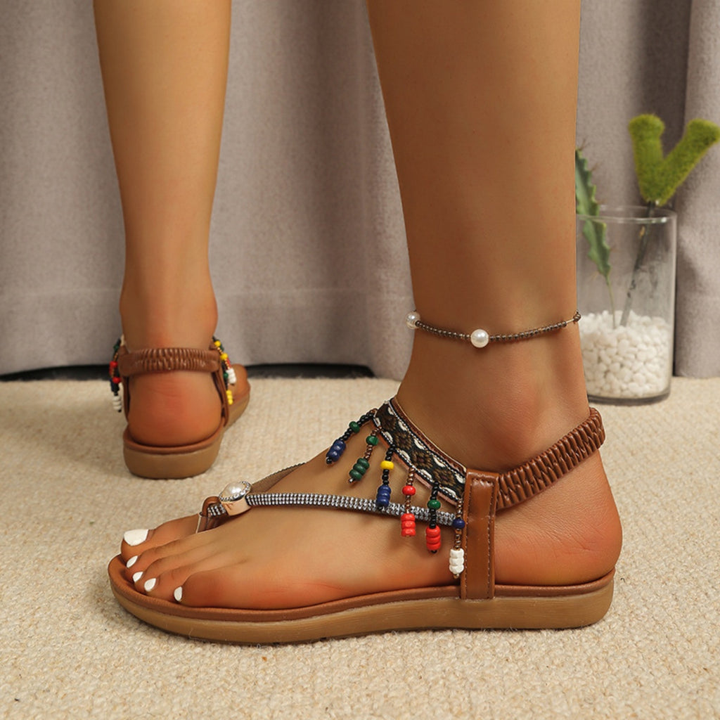 Beaded Ankle Strap Thong Sandals in Gray White for Women