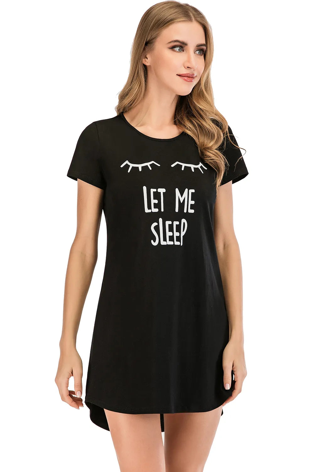 Graphic Round Neck Short Sleeve Lounge Dress in Black for Women