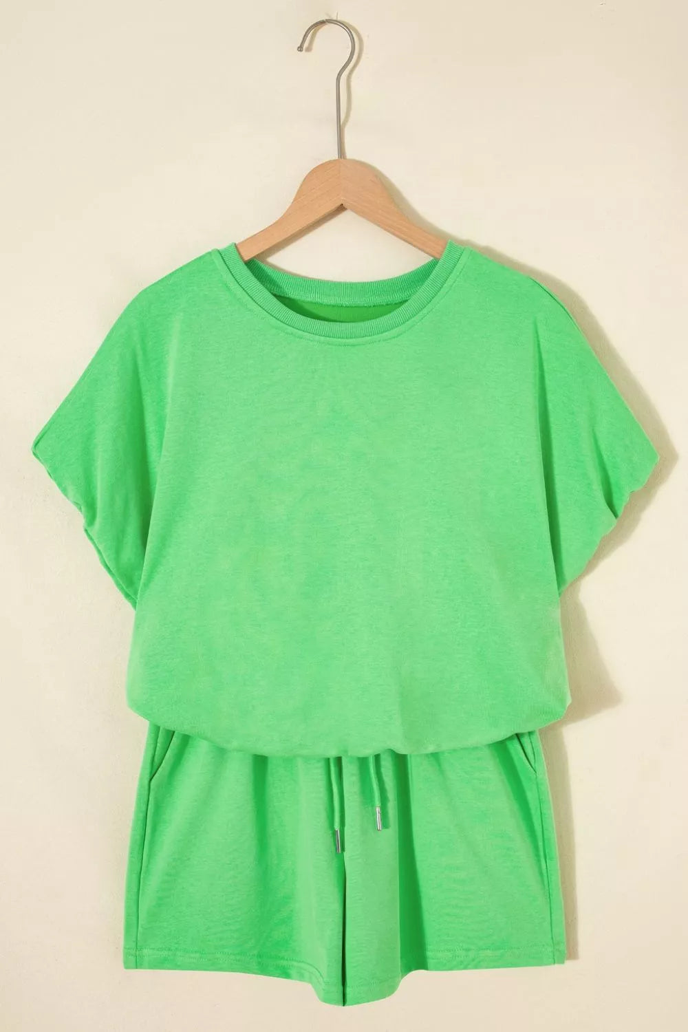 Solid Color Puffy Loose Top Drawstring Shorts Two-Piece Outfit for Women