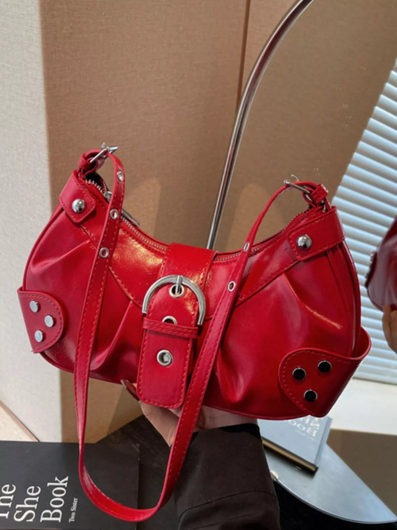 Studded Buckle Shoulder Bag for Women