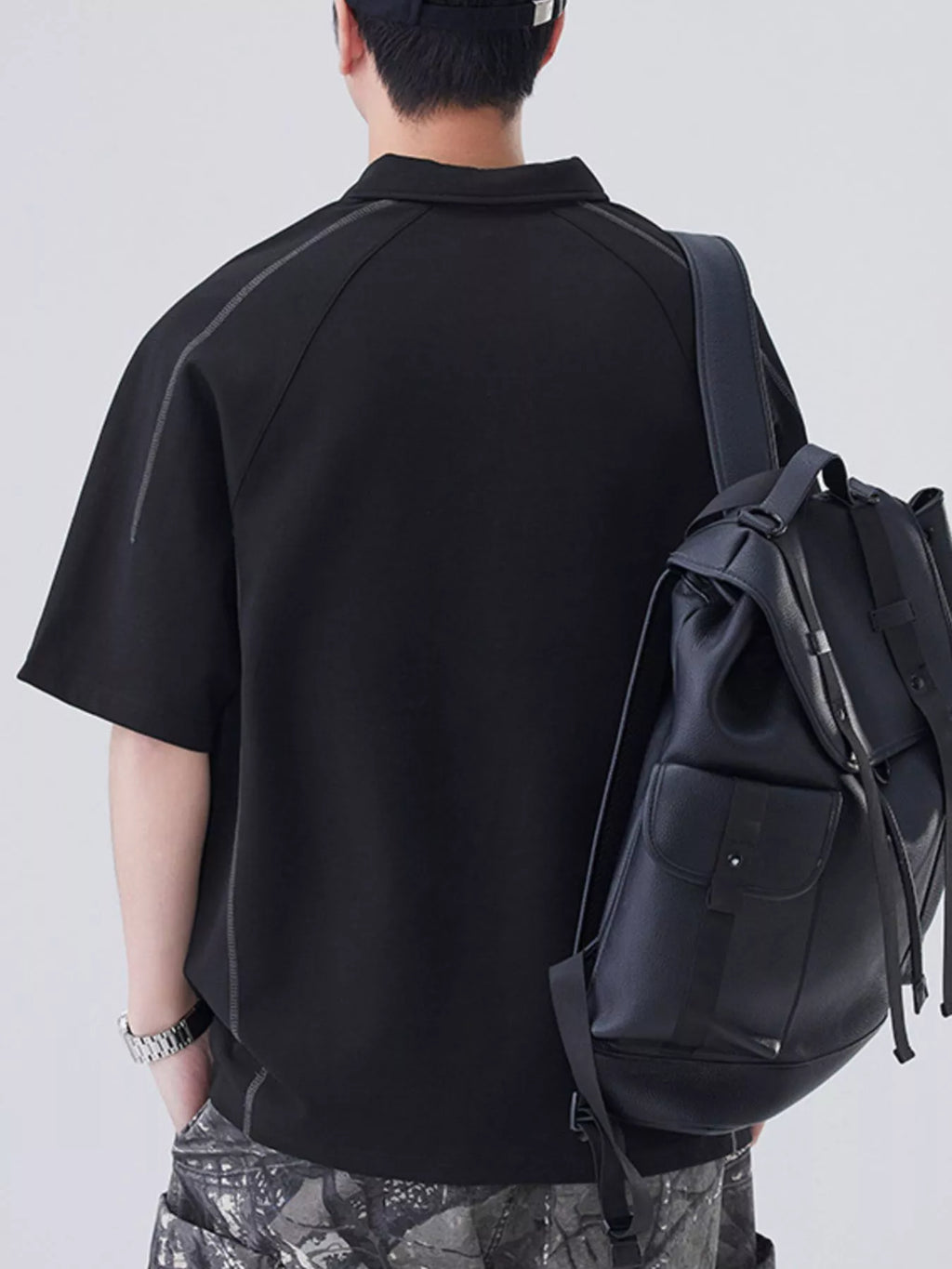 Plus Size Button Detail Short Sleeve Polo in Classic in Black for Men