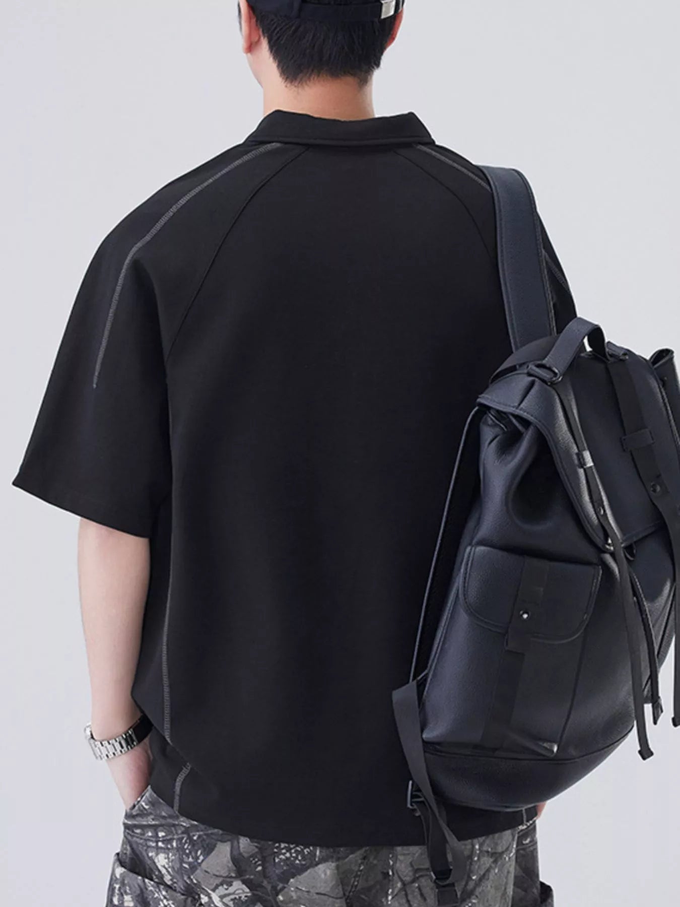 Plus Size Button Detail Short Sleeve Polo in Classic in Black for Men