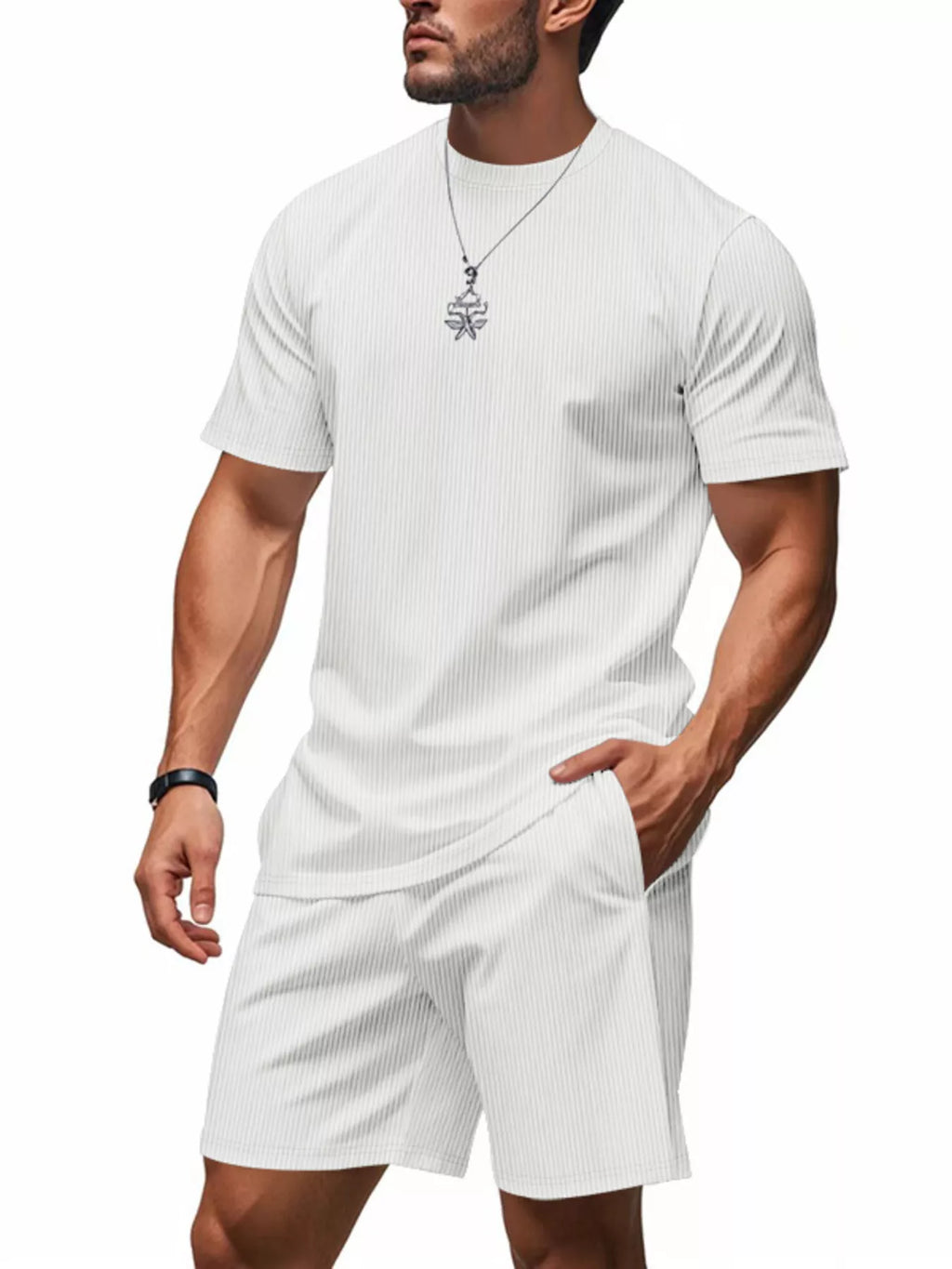Casual Striped Top and Shorts Set Plus Size in Dark Gray for Men