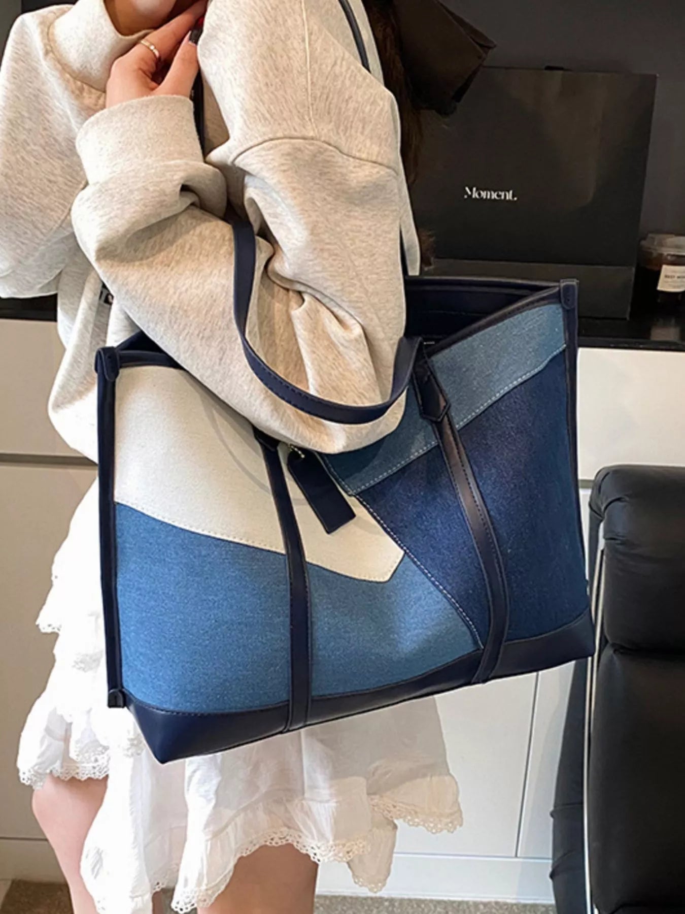 Color Block Denim Shoulder Bag for Women