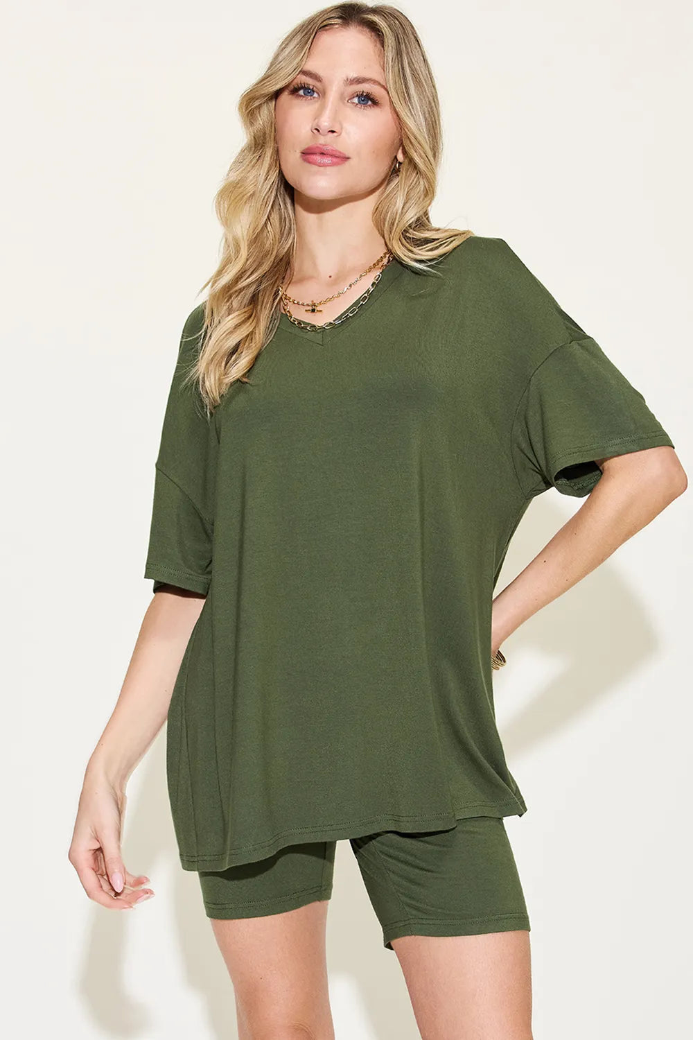 Plus Size V-Neck Drop Shoulder T-Shirt and Shorts Set in Matcha Green for Women